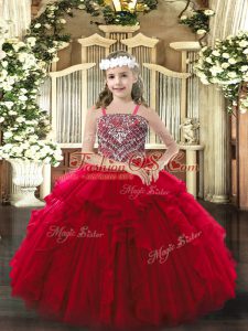 High End Wine Red Organza Lace Up Pageant Dress Womens Sleeveless Floor Length Beading and Ruffles