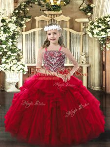 High End Wine Red Organza Lace Up Pageant Dress Womens Sleeveless Floor Length Beading and Ruffles