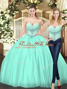 Customized Apple Green Sleeveless Floor Length Beading Lace Up Vestidos de Quinceanera