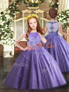 Best Lavender Ball Gowns Tulle Scoop Sleeveless Beading and Appliques Floor Length Zipper Girls Pageant Dresses