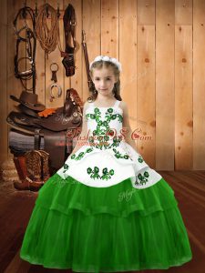Admirable Ball Gowns Tulle Straps Sleeveless Embroidery Floor Length Lace Up Little Girls Pageant Dress Wholesale