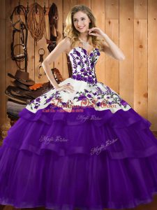 Cute Sleeveless Organza Sweep Train Lace Up Quinceanera Gowns in Purple with Embroidery