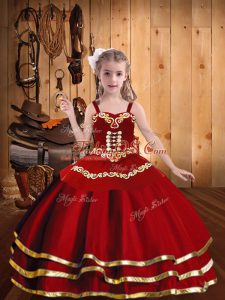 Red Sleeveless Embroidery and Ruffled Layers Floor Length Little Girl Pageant Gowns