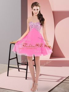 Extravagant Sleeveless Mini Length Beading Lace Up Dress for Prom with Rose Pink