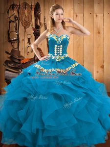 Teal Satin and Organza Lace Up Sweetheart Sleeveless Floor Length Quinceanera Gown Embroidery and Ruffles