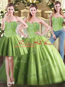 Graceful Olive Green Sleeveless Floor Length Beading Lace Up Sweet 16 Dress