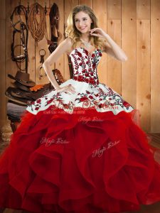 Ball Gowns Sweet 16 Quinceanera Dress Wine Red Sweetheart Satin and Organza Sleeveless Floor Length Lace Up