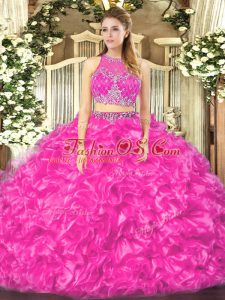Extravagant Fuchsia Scoop Neckline Beading and Ruffles Sweet 16 Dress Sleeveless Zipper