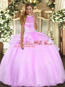 On Sale Halter Top Sleeveless Sweet 16 Dresses Floor Length Beading and Ruffles Lilac Tulle