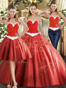 Customized Sweetheart Sleeveless Lace Up Vestidos de Quinceanera Coral Red Tulle