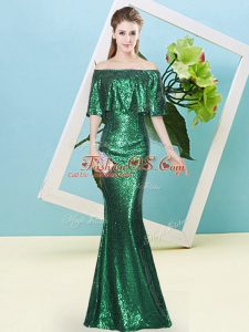 Dark Green Half Sleeves Floor Length Sequins Zipper Prom Party Dress