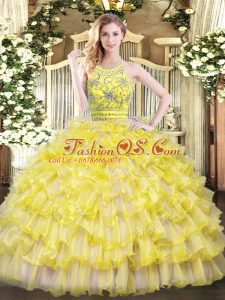 Stylish Yellow Green Sleeveless Floor Length Beading and Ruffles Zipper 15 Quinceanera Dress