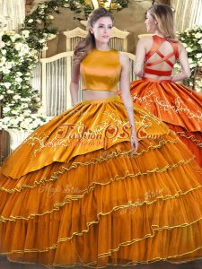 Orange Criss Cross Vestidos de Quinceanera Ruffled Layers Sleeveless Floor Length