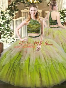 Graceful Multi-color Lace Up Sweet 16 Dress Beading and Ruffles Sleeveless Floor Length