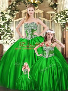 Green Ball Gowns Strapless Sleeveless Organza Floor Length Lace Up Beading 15 Quinceanera Dress