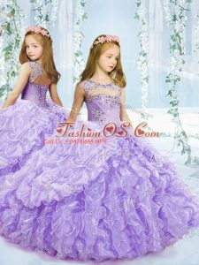 Inexpensive Lavender Sleeveless Floor Length Beading and Ruffles and Pick Ups Lace Up Little Girls Pageant Gowns