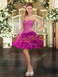 Dramatic Sweetheart Sleeveless Homecoming Dress Mini Length Beading and Ruffles Fuchsia Organza
