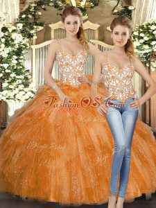 Artistic Orange Red Sleeveless Organza Lace Up Quinceanera Gowns for Military Ball and Sweet 16 and Quinceanera