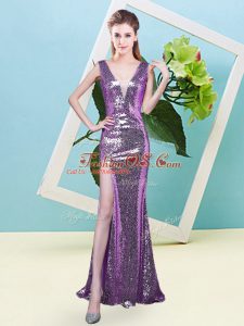 Lavender V-neck Zipper Sequins Evening Dress Sleeveless