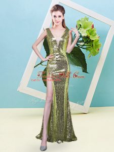 Great Yellow Green Prom Evening Gown Prom and Party with Sequins V-neck Sleeveless Zipper