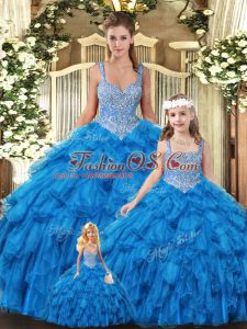 Deluxe Teal Quinceanera Dress Military Ball and Sweet 16 and Quinceanera with Beading and Ruffles Scoop Sleeveless Lace Up