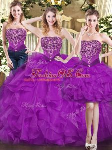 Ideal Purple Sleeveless Organza Lace Up Sweet 16 Quinceanera Dress for Military Ball and Sweet 16 and Quinceanera