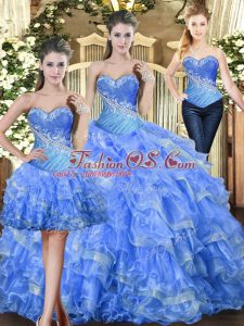 Baby Blue Ball Gowns Sweetheart Sleeveless Tulle Floor Length Lace Up Beading and Ruffles Sweet 16 Quinceanera Dress