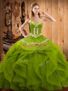 Olive Green Organza Lace Up Sweet 16 Dresses Sleeveless Floor Length Embroidery and Ruffles