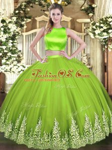 Yellow Green Tulle Criss Cross Sweet 16 Quinceanera Dress Sleeveless Floor Length Appliques