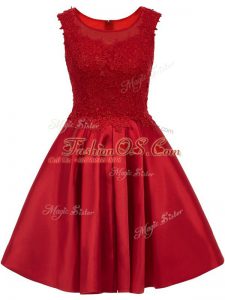 Classical Scoop Sleeveless Quinceanera Court Dresses Mini Length Lace Wine Red Satin