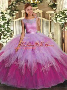 Best Multi-color Organza Backless Scoop Sleeveless Floor Length Quinceanera Gowns Beading and Ruffles