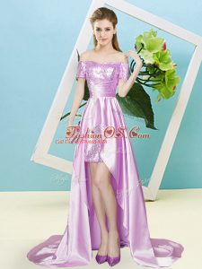 High End Lilac Short Sleeves Sequins High Low Homecoming Dress