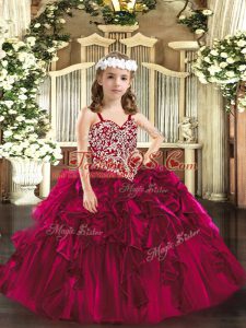 Sleeveless Floor Length Beading and Ruffles Lace Up Little Girls Pageant Gowns with Fuchsia