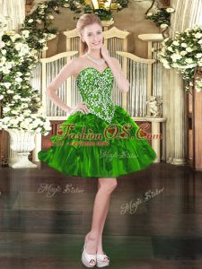 Sleeveless Organza Mini Length Lace Up Dress for Prom in Green with Beading and Ruffles