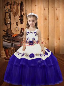 Perfect Purple Ball Gowns Straps Sleeveless Organza Floor Length Lace Up Embroidery and Ruffled Layers High School Pageant Dress