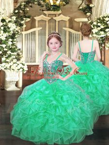 Glorious Organza Spaghetti Straps Sleeveless Lace Up Beading and Ruffles Little Girl Pageant Gowns in Turquoise