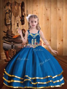 Straps Sleeveless Girls Pageant Dresses Floor Length Embroidery and Ruffled Layers Blue Organza