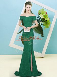Romantic Short Sleeves Sequins Zipper Evening Dress with Dark Green Sweep Train