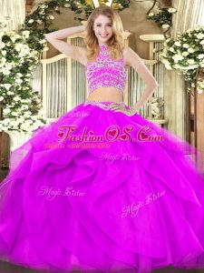 Amazing Purple 15 Quinceanera Dress Military Ball and Sweet 16 and Quinceanera with Beading and Ruffles High-neck Sleeveless Backless