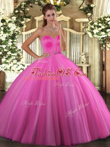 Fashion Rose Pink Ball Gowns Tulle Sweetheart Sleeveless Beading Floor Length Lace Up Sweet 16 Dress