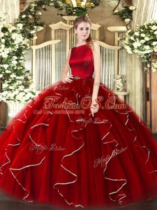 Ball Gowns 15th Birthday Dress Wine Red Scoop Organza Sleeveless Floor Length Clasp Handle