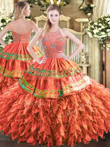 Custom Fit Floor Length Rust Red Ball Gown Prom Dress Halter Top Sleeveless Zipper