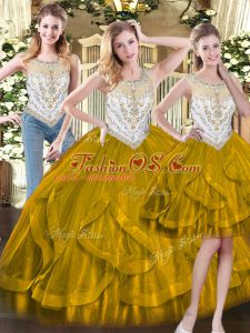 Deluxe Sleeveless Organza Floor Length Zipper Sweet 16 Dresses in Olive Green with Beading and Ruffles