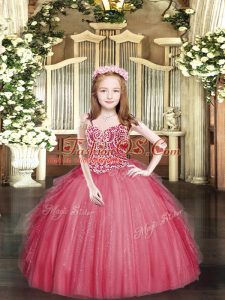 Wonderful Coral Red Lace Up Pageant Dress for Girls Beading and Ruffles Sleeveless Floor Length