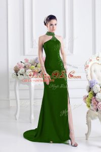 Green Sleeveless Elastic Woven Satin Sweep Train Lace Up Prom Party Dress for Prom and Party