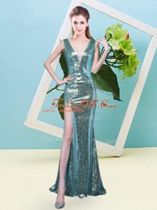 Wonderful Floor Length Aqua Blue Prom Evening Gown V-neck Sleeveless Zipper