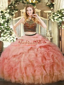Baby Pink Zipper Quinceanera Gown Beading and Ruffles Sleeveless Floor Length