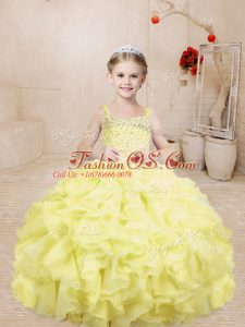 Sleeveless Floor Length Beading and Ruffles Lace Up Pageant Gowns For Girls with Light Yellow