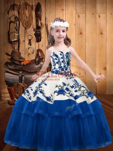 New Arrival Embroidery Kids Pageant Dress Blue Lace Up Sleeveless Floor Length
