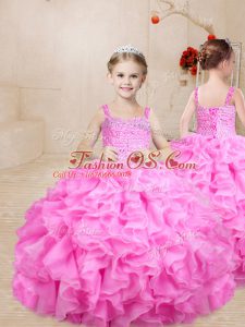 Pretty Rose Pink Straps Neckline Beading and Ruffles Evening Gowns Sleeveless Lace Up